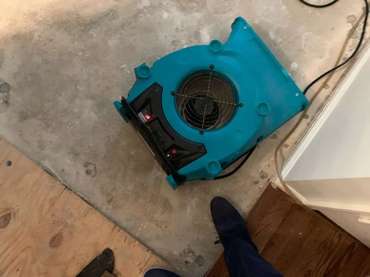 Air mover drying subfloor during Commercial Water Damage Restoration in Gladewater